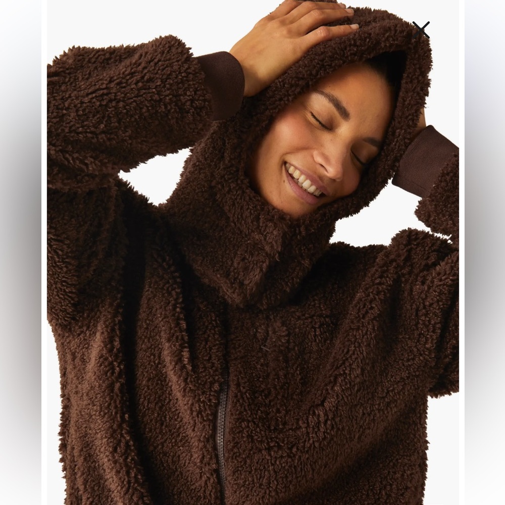 Beyond Yoga faux shearling hoodie jacket espresso size XL - Picture 4 of 10